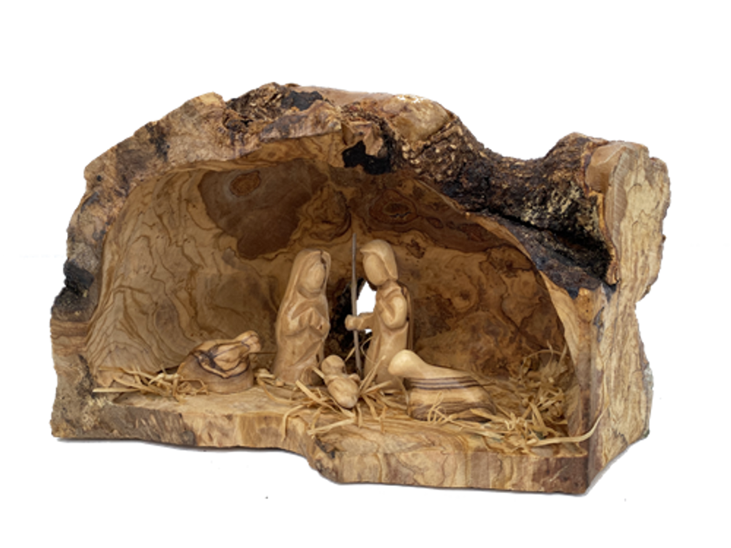 Olive Wood Nativity Grotto - With Modern Figures