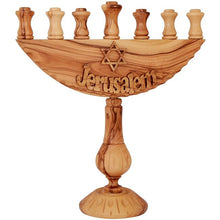 Load image into Gallery viewer, Hand Carved Olive Wood Seven-Branched Menorah
